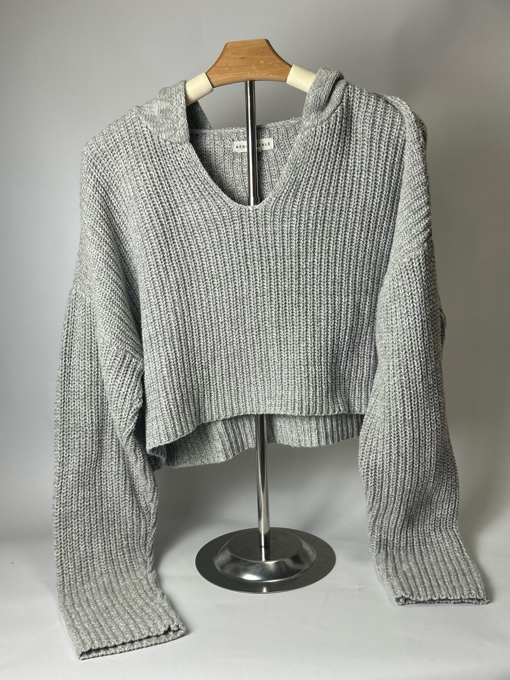 Aeropostale Light Gray Cropped Hooded Crewneck Sweater